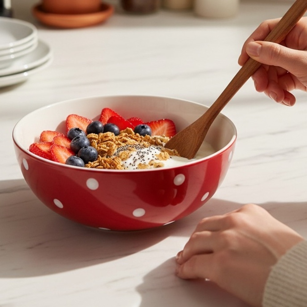 Spode Red and White Polka Dot 9.5” Serving Bowl EUC